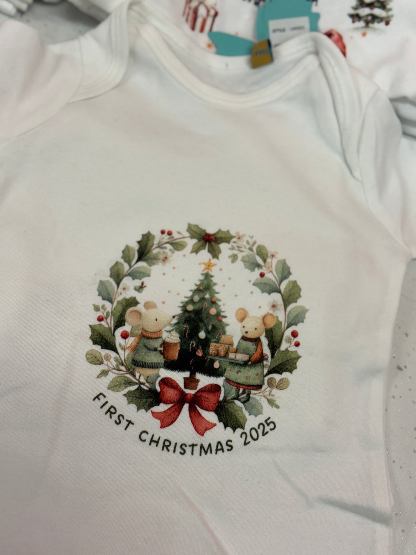 My First Christmas Mouse Wreath  babygro 0-3 months (NON PERSONALISED)