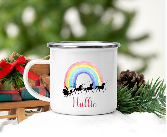 Personalised Unicorn Sleigh Enamel Christmas Mug